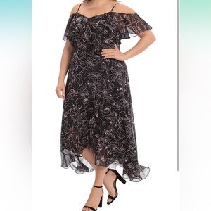 London Times Women's Floral Printed Cold Shoulder Faux Wrap Hi-Low Maxi Dress